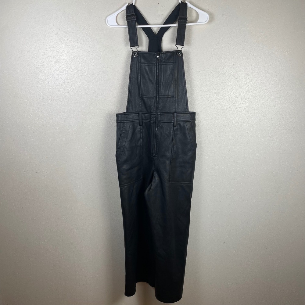 BCBGMAXAZRIA Jamee Black Faux Leather Wide Leg Overalls Jumpsuit XS‎